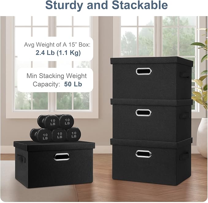 Graciadeco Medium 15" 21 Quart Collapsible Stackable Storage Bins with Lids, 3 Packs Black Foldable Fabric Closet Boxes Heavy