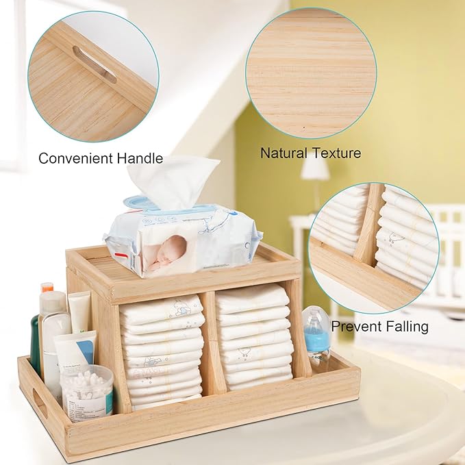 Diaper Caddy Organizer, Changing Table Organizer, Wooden Diaper Organizer for Nursery, Baby Diaper Storage Organizer with Rem