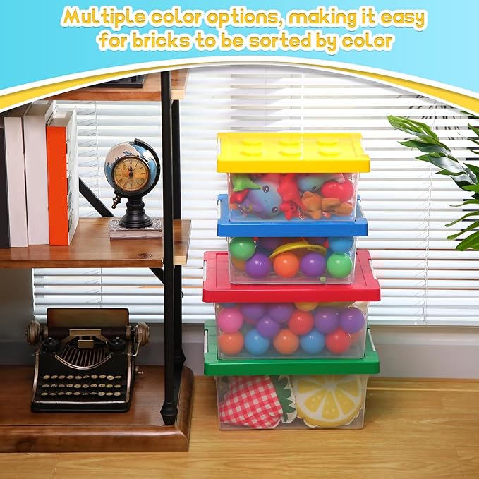 Vicenpal 4 Pack Toy Storage Containers with Lids Brick Shaped Kids Toy Organizer Box Plastic Clear Stackable Bin Chest for Bu