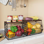 Mefirt Fruit Bowl, Stackable Wall Mounted Fruit Basket of Smooth Wood Lid with 4 Banana Hanger Hooks, Metal Kitchen Counter O