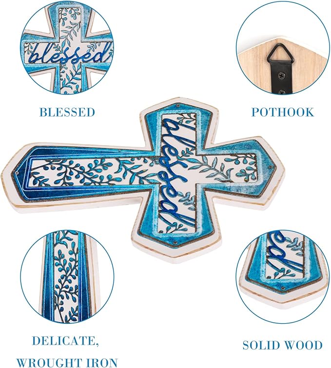 OKSQW 11" Wall Cross Handmade White Wood & Blue Iron Christians Spiritual Religious Cross with Hook Christmas Wall Hanging Cr