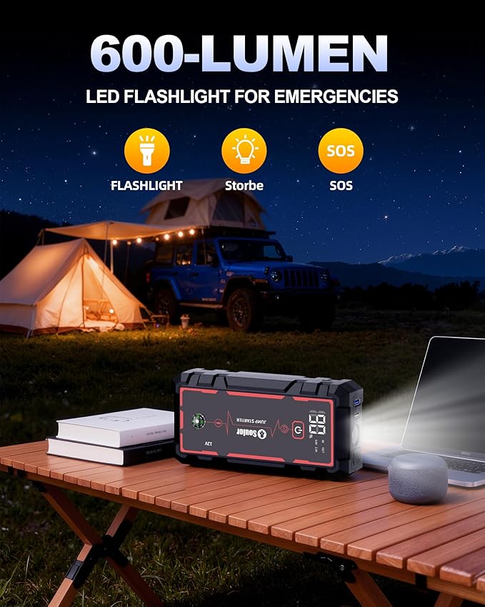 5000A Jump Starter Car Battery Jumper Starter Portable with Jumper Cable, Quick Charge Power Bank, 3 Modes Flashlight,