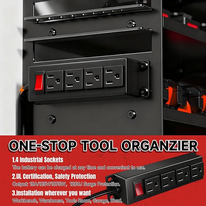 33" W Power Tool Organizer with Charging Station, 4 Layers Heavy Duty Metal Tool Storage Rack Wall Mount 8 Cordless Drill Hol