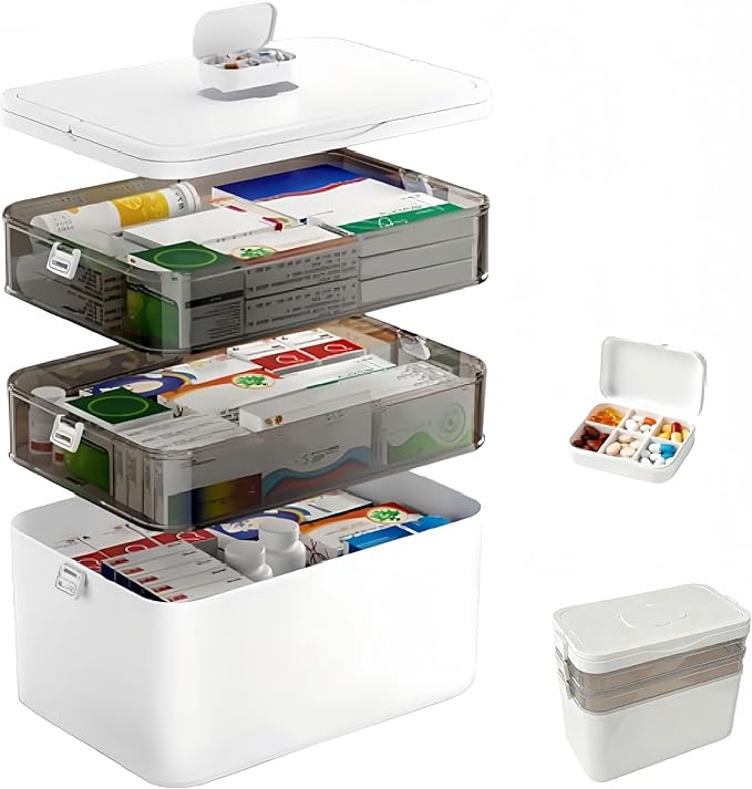 3-Tier Medicine Organizer with Detachable Pill Box, First Aid Kit with Handle, Portable Multipurpose Plastic Medical Box for 