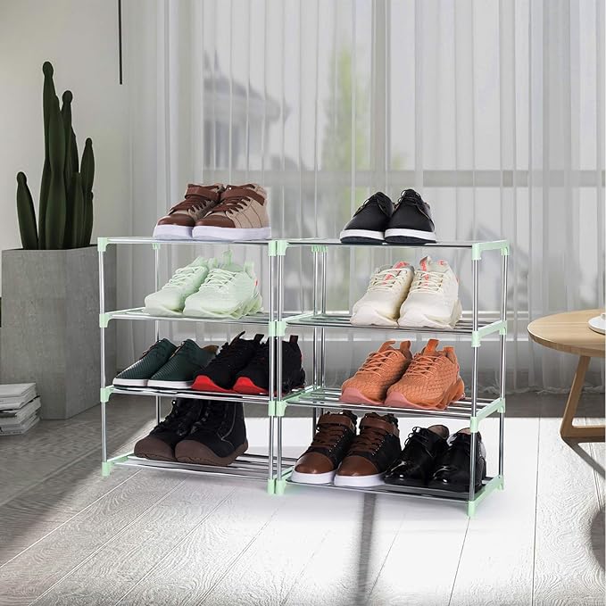 4-Tier Stackable Small Shoe Rack, Lightweight Shoe Shelf Storage Organizer for Entryway, Hallway and Closet (Green)