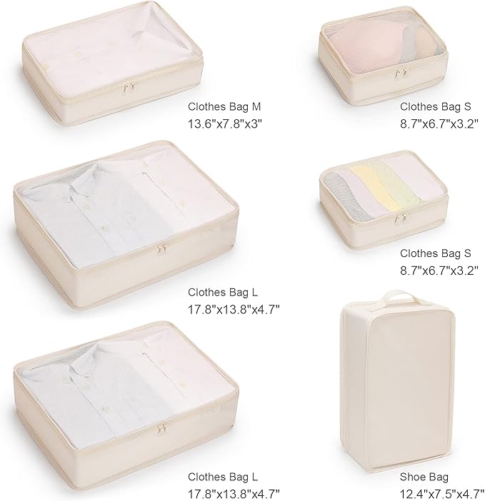 Mossio 6 Set Packing Cubes with Shoe Bag - Lightweight Travel Luggage Suitcase Organizers