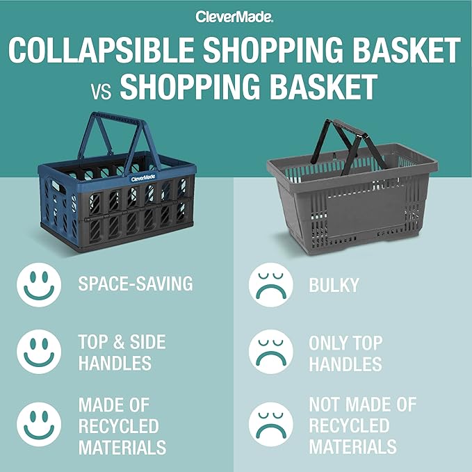 CleverMade Eco Collapsible Shopping Basket with Handles, 24L Stone, 3 Pack
