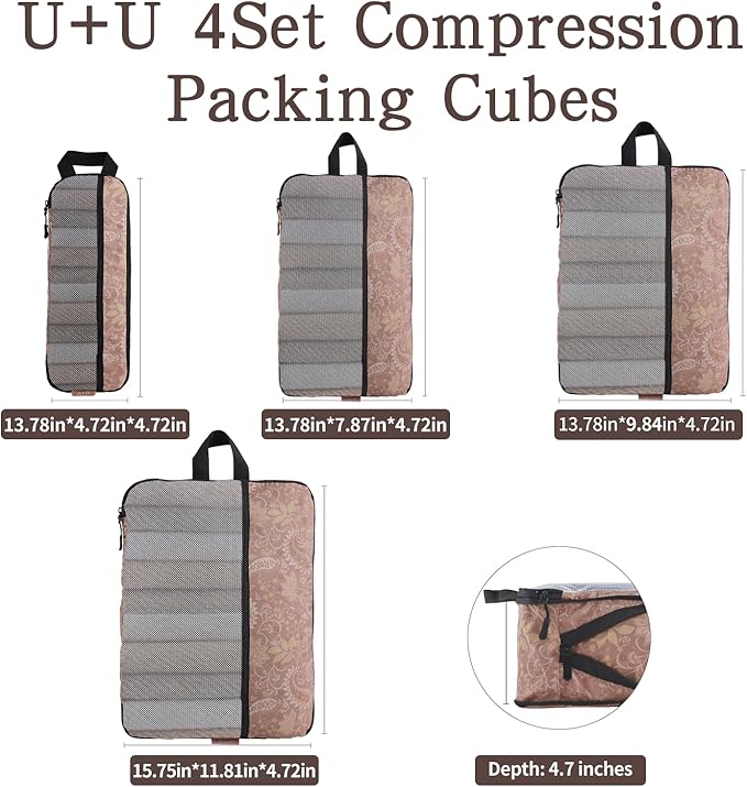 U+U 4 Set Compression Packing Cubes - Ultralight Travel Organizers, Space-Saving Suitcase Organizer, Expandable Packing Cubes