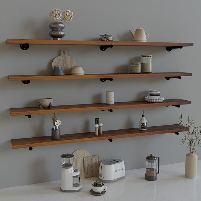 Industrial Pipe Wall Wood Shelves,Real Wooden Shelves 60" in Special Brown Color with 11.8" Extra Width, Modern Floating Shev