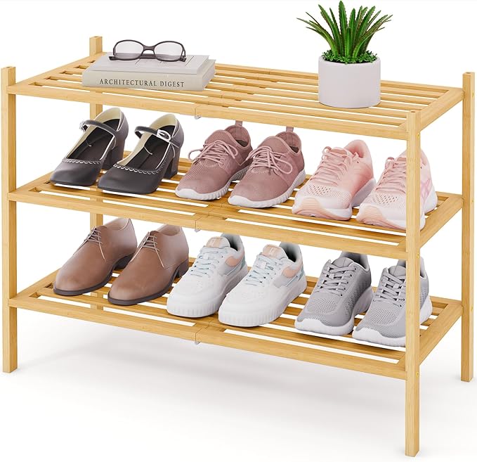 Smiry Bamboo Shoe Rack 3-Tier, Stackable Wooden Shoe Organizer for Entryway & Closet, Free Standing Wood Shoe Storage Shelf f