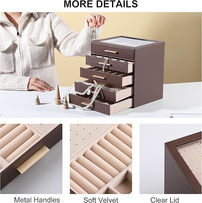 Frebeauty Clear Lid Jewelry Box,5-Layer Jewelry Organizer with Drawer,PU Leather Jewelry Organizers and Storage,Jewelry Boxes