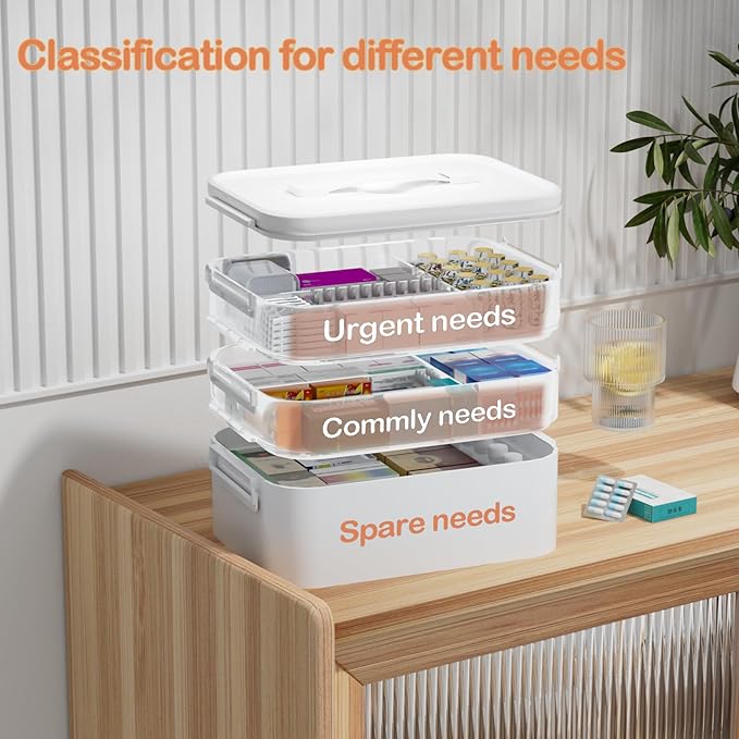 TERGOO 3-Tier Medicine Cabinet Organizer, Portable Medicine Storage Box with Handle, Empty First Aid Kit for Home