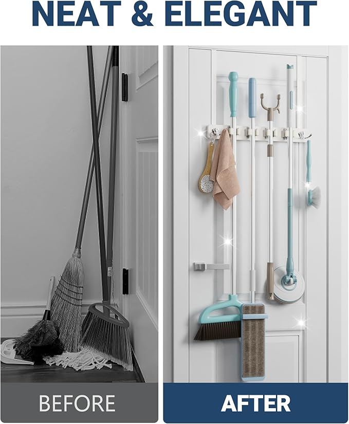 Lorbro Broom Holder Door Mount, Over the Door Broom and Mop Holder with 2 Over Door Hooks, Wood Broom Hanger, Tool Rack Organ