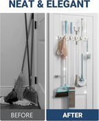 Lorbro Broom Holder Door Mount, Over the Door Broom and Mop Holder with 2 Over Door Hooks, Wood Broom Hanger, Tool Rack Organ