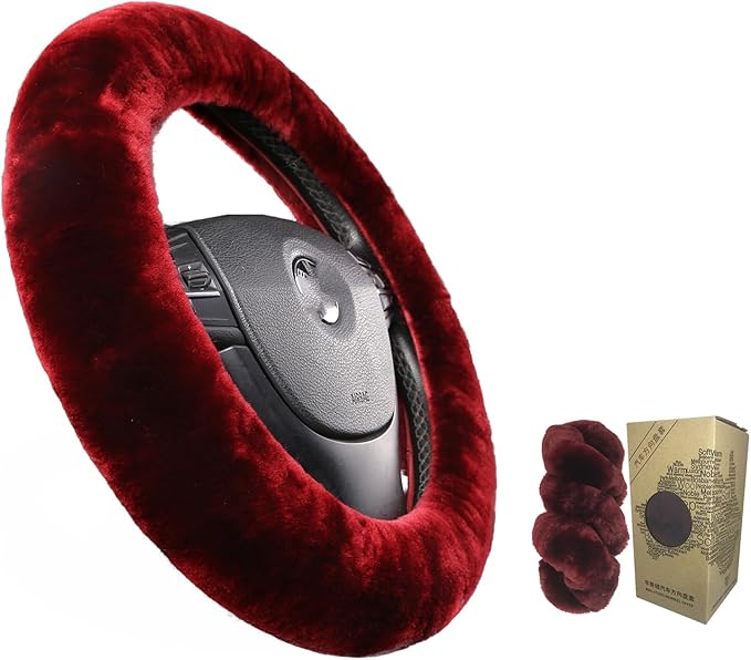 Furry Fluffy Wool Sheepskin Car Steering Wheel Cover for Girls Women Universal car 14 1/2-15 1/2inchs(Grape Red)