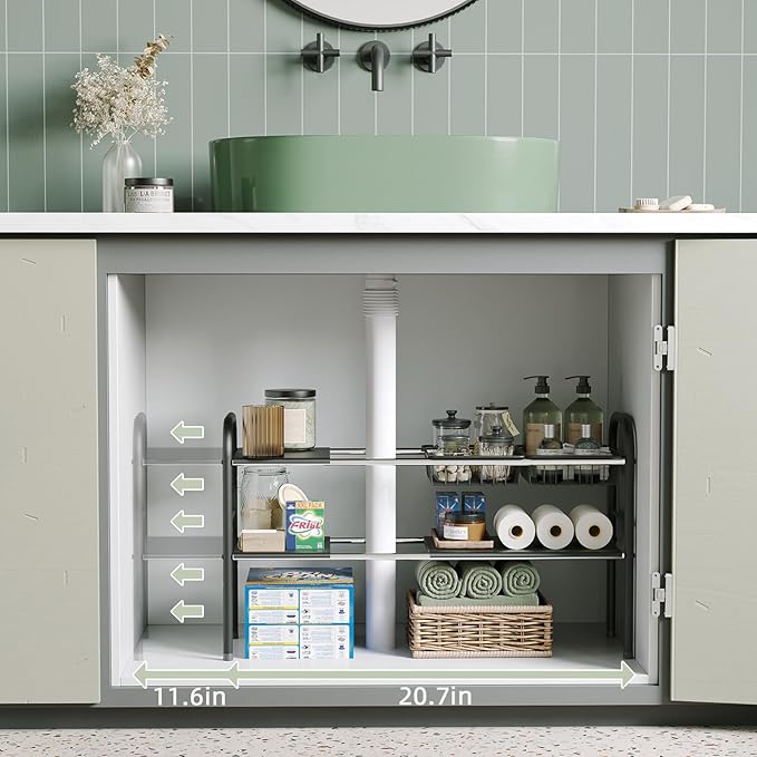 NETEL Under Sink Organizers and Storage, 2 Tier Expandable Under Cabinet Organizer Shelf with 2 Baskets and 6 Panels, Expanda