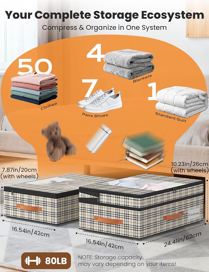 2-Pack Under Bed Storage with Wheels and 6 Vacuum Seal Bags, Adjustable Height 7.9"-10.2",Heavy Duty Capacity, Clear Lid Orga