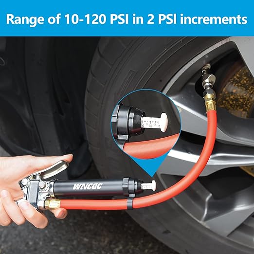 10-120 PSI Tire Inflator Gauge with Lock on Air Chuck and 12" Air Hose, Tire Air Pressure Gauge with Air Compressor Accessory for Car Truck Motorcycle Bike