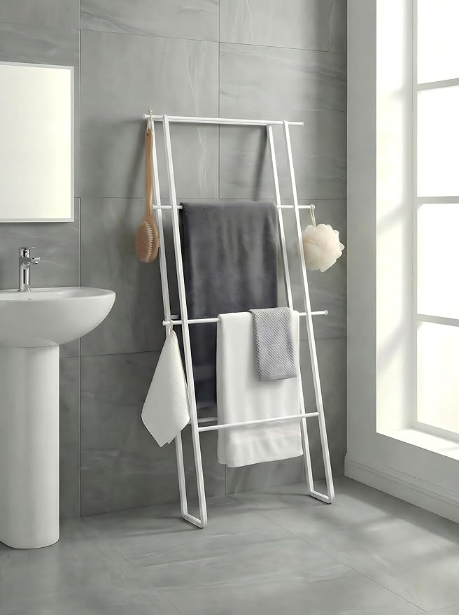 CANYAVE Metal Leaning Ladder Towel Rack, 4-Tier Blanket Stand for Bathroom Living Room, No Drilling Quilt Storage Organizer
