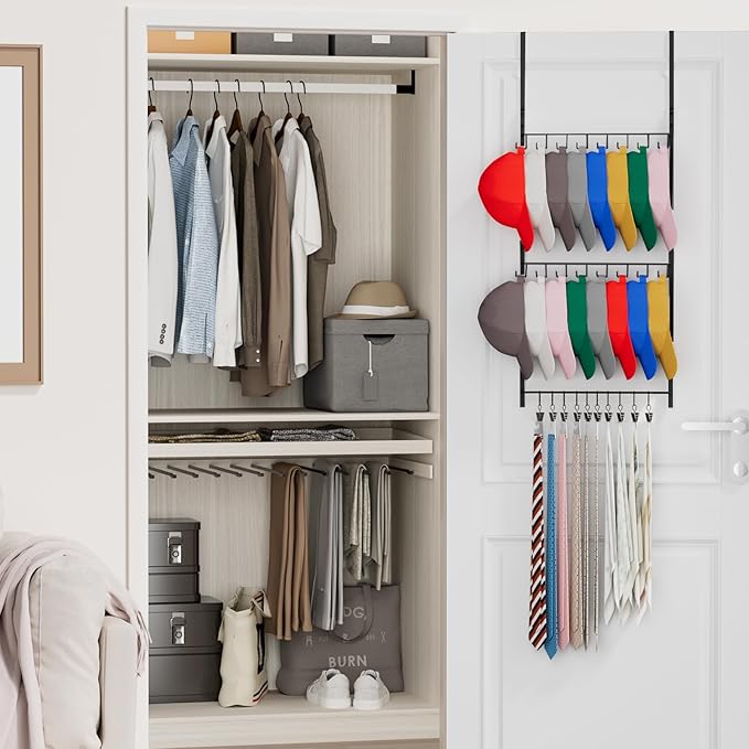 Consumest Over Door Hat Organizer - 3 Tier Wall Mounted Hat Rack with 16 Hooks and 10 Movable Clips, Hanging Baseball Cap Sto