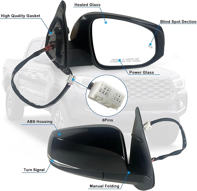 Right Passenger side Mirror Fits 2016-2022 Toyota Tacoma With Power Glass, Heated, Turn Signal, Blind Spot Detection and Manual Folding Match to Midnight Black Metallic Replace TO1320350 (8Pins)
