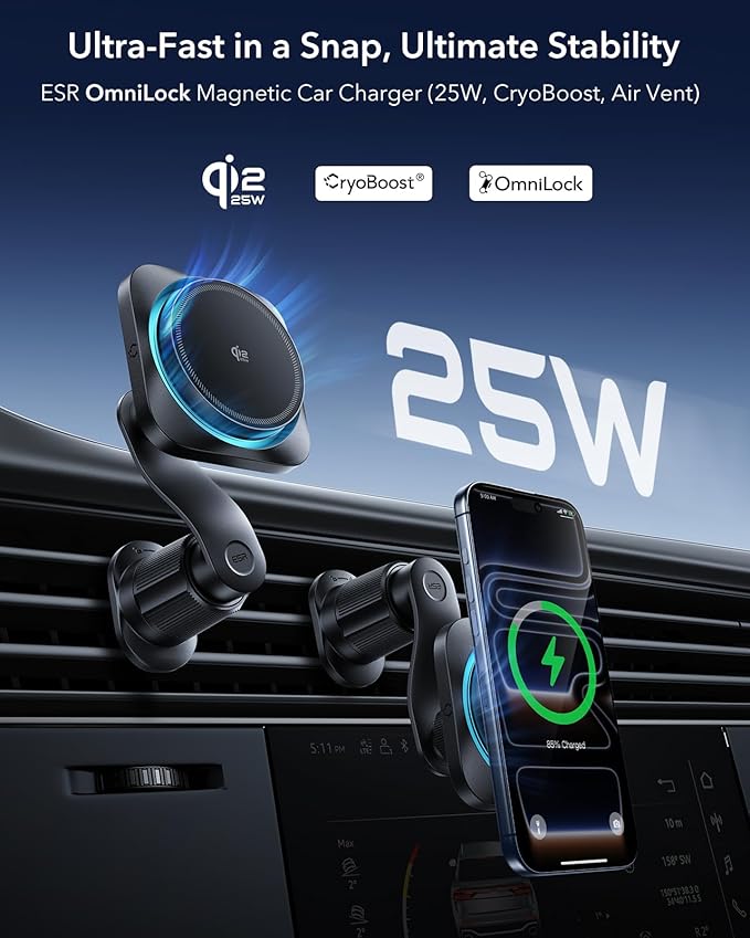ESR OmniLock Qi2.2 Certified 25W MagSafe Car Mount Charger with CryoBoost, Phone Cooling MagSafe Car Charger, 360° Rotatable, Air Vent Magnetic Car Phone Holder for iPhone 17/16 with iOS 26, S26 Ultra