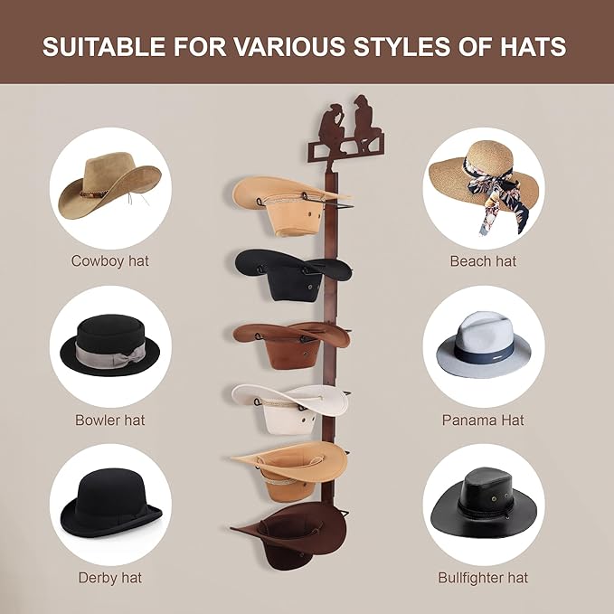 Cowboy Hat Rack Holder for Wall - Wild Western Style Design Hat Organizer with 6 Hat Hooks for Wall Mount, Hat Stand and Hang