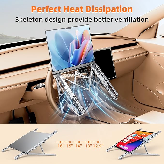 Foldable Car Laptop Holder, Adjustable Car Laptop Mount for Steering Wheel Tray Holder, Metal Notebook stand| Car Reading Stand | Car Tablet Holder, Multipurpose Travel Car Accessories-Silver