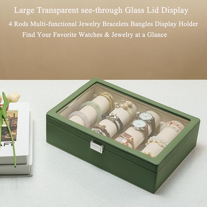 Bracelets Organizer Rods Bangles Display Holder, Clear See through Lid Leather Velvet Jewelry Storage Box Case for Women, 4 R