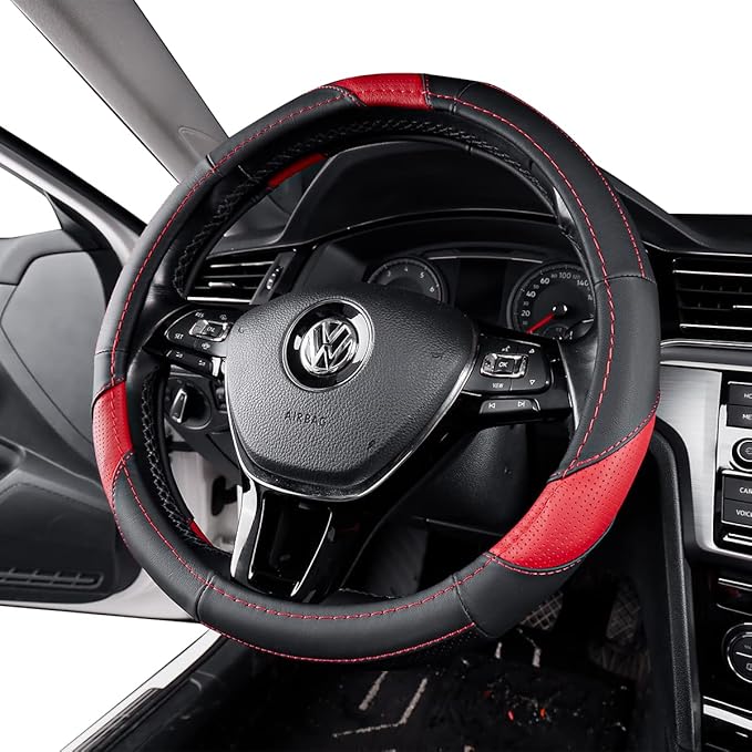 EKR Universal 15 inch Leather Steering Wheel Cover - Genuine Leather, Breathable, Anti Slip & Odor Free (Black/Red, M(14" 1/2-15" 1/4))