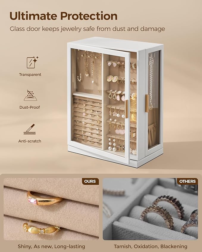 Glimmloop 360° Rotating Jewelry Box with 9 Drawers, Spacious Vertical Jewelry Organizer with Glass Window, Jewelry Storage Ca