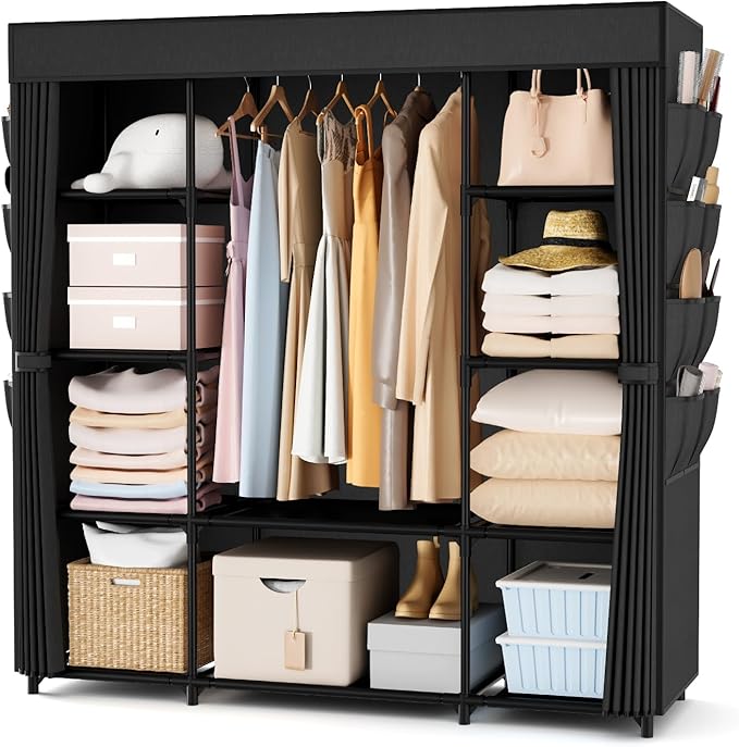 Portable Closet for Hanging Clothes 57.3 Inch Large Capacity Wardrobe Closet with Cover, 8 Pockets and 1 Hanging Rod, Easy As