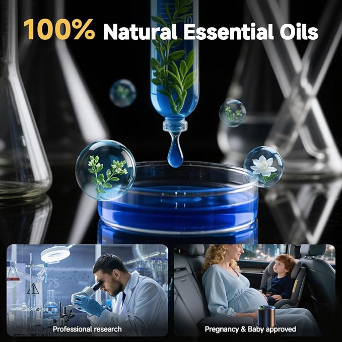 Smart Car Air Freshener with Star Light & 50ml Diffusers Oil Refills, Auto On/Off Aroma Diffuser, 3 Adjustable Mist Modes Rec