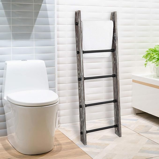 MyGift 4 Ft Torched Wood Farmhouse Blanket Ladder with 5 Matte Black Industrial Pipe Rungs, Wall Leaning Bathroom Towel Ladde