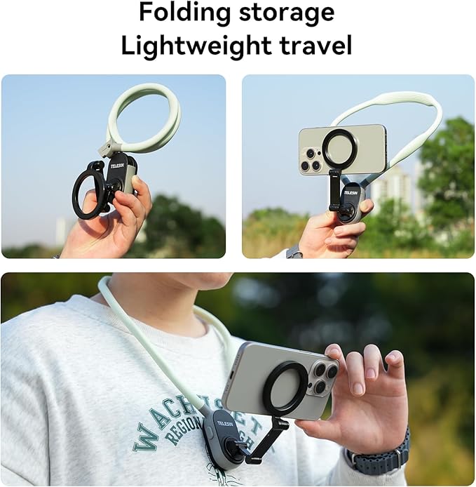 TELESIN Magnetic Neck Mount for Phones, Cell Phone Holder Stand Hanging on Neck POV/Vlog Selfie Hand Free Necklace Phone Strap Video Recording for iPhone 16 15 14 13 12 Seires Android Phones (Green)