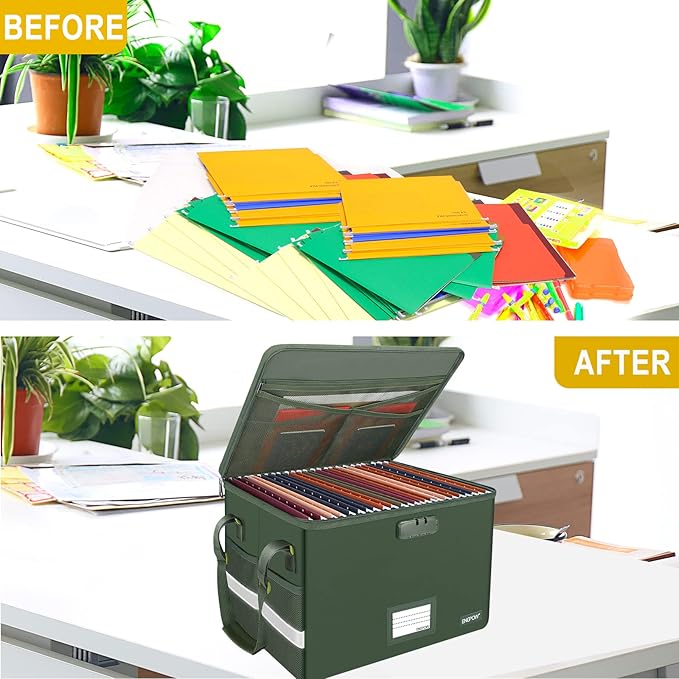 ENGPOW File Box with Lock, Fireproof Document Box with Zipper Lid, Collapsible File Storage Organizer Filing Cabinet with Han