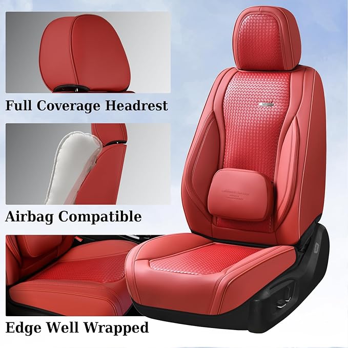 Coverado Seat Covers, Car Seat Covers Front Seats, Waterproof Nappa Leather Auto Seat Cover with Lumbar Head Pillow, Red Seat