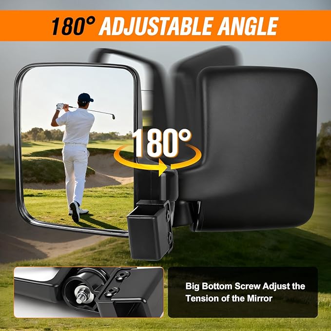 Golf Cart Mirrors, No Drilling Golf Cart Side Mirrors for Club Car EZGO YAMAHA and Others Square Tube Carts Roof Bracket(0.75/1/1.25 inch), Durable Anti-Shudder, 180 Degree Rotation