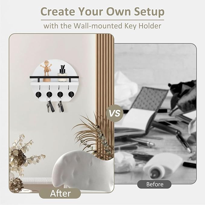 Nekon Key Holder for Wall - 9.8 Inch Apartment Wall Decor with Shelf and 8 Key Hooks, Circular Wood Key Hanger for Home Decor