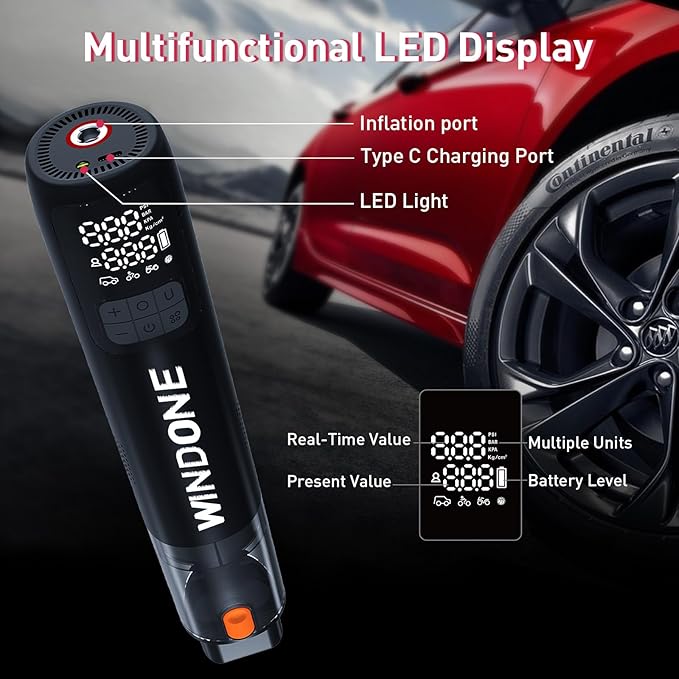 Windone Car Vacuum, 12000Pa 2-in-1 Cleaner & Tire Inflator 150PSI, 60W Brushless Motor, Cordless Handheld Vacuum & Air Pump w