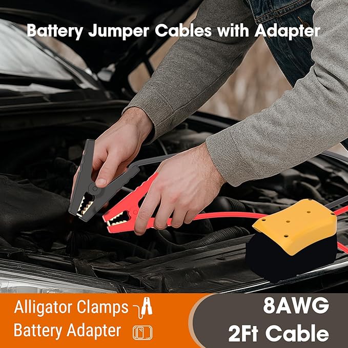 Jumper Cables for Car with Adapter Compatible with DE.Walt 20V Batteries, Silicone Wire 8AWG 2FT Alligator Clips Automotive Jump Starter Jumper Cables for Jump Starting Car or Tool Batteries