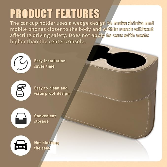 Car Cup Holder, PU Leather Auto Front Seat Organizer, Multifunctional Cup Drink Holders, Gap Filler Storage Box Coin Bucket Console Side Pocket Cell Mobile Phone Holder (Beige)