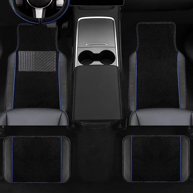 NBTEPEM Microfiber Steering Wheel Cover and Waterproof Car Floor Mats, Universal Fit Most Truck, SUV, Cars, 14.5-15inch Sporty Steering Wheel Covers with Anti-Slip Lining (Black with Blue line)