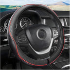Leather Steering Wheel Cover, Soft Breathable Anti Slip, Universal Fit 15 Inch Car, Truck, SUV (Black/Red Line)