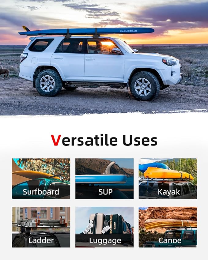 Abahub Soft Roof Rack Pads with 2 Tie Down Straps, 2 Tie Down Ropes, 2 Hood Loops and Storage Bag, for Surfboard, Kayak, Canoe, Heavy Duty Universal Car Roof Racks System