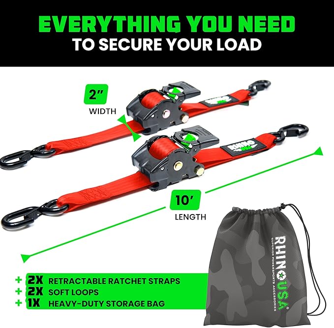 Rhino USA Retractable Ratchet Straps (2-Pack) - 2 Inch x 10 Feet (3,033lb Break Strength) - Heavy Duty Auto Self Retracting Tie Down Straps for Truck, Cargo Trailer, Motorcycle, Rad & More - Red