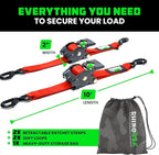 Rhino USA Retractable Ratchet Straps (2-Pack) - 2 Inch x 10 Feet (3,033lb Break Strength) - Heavy Duty Auto Self Retracting Tie Down Straps for Truck, Cargo Trailer, Motorcycle, Rad & More - Red