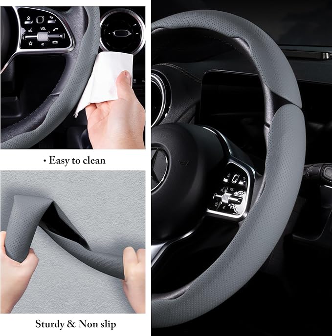 Car Steering Wheel Cover Leather Snap On 3Pcs Set Non-Slip Protector Wrap Steering Wheel Accessories 14.5-15 inch Universal G