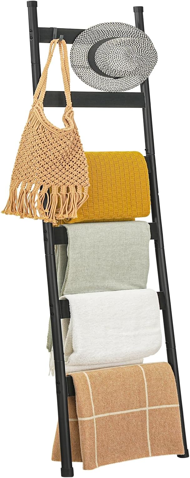 HOOBRO Blanket Ladder, 6-Tier Towel Rack with Hooks, Wall-Leaning Blanket Rack, Decorative Display Ladder Shelf, Scarves, Ind