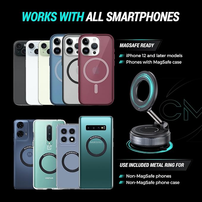 CARMOUNT Clutch-X™ Black – Upgraded Vacuum Phone Mount Suction Cup Car Phone Holder for iPhone, Window Phone Mount, 360° Vacuum Magnetic Phone Holder for Car, Magnetic Phone Holder with Suction Cup
